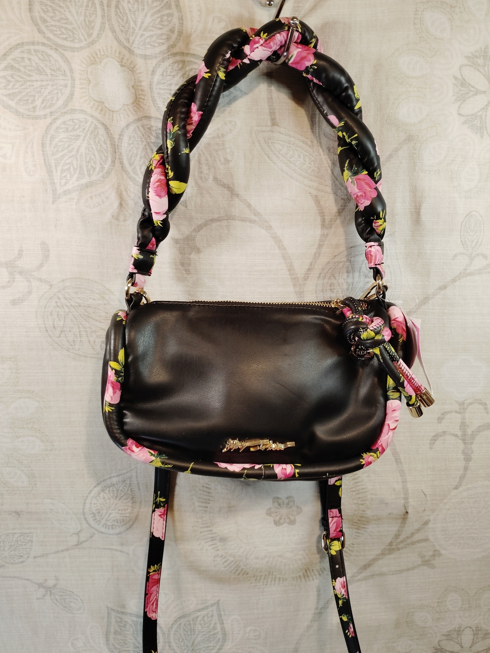 Betsey Johnson Black Crossbody Bag with Pink Floral Trim